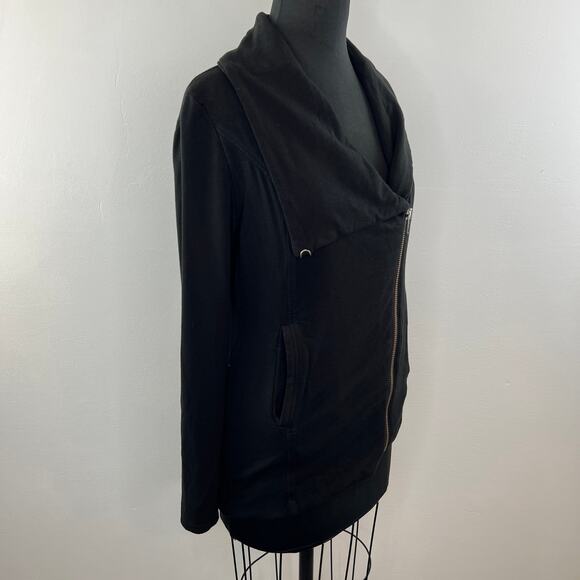 HELMUT LANG Black Asymmetric Zip Moto Jacket Sweatshirt Shawl Collar Pockets M - Picture 2 of 8